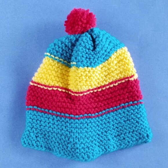 Vintage Hand-Knitted Made-in-Canada Colourful Beanie with Pom Pom - Picture 1 of 5